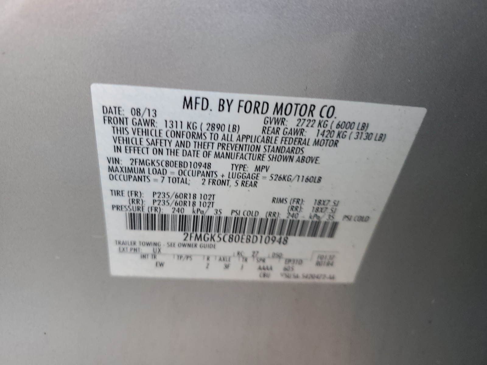 2FMGK5C80EBD10948 2014 Ford Flex Sel