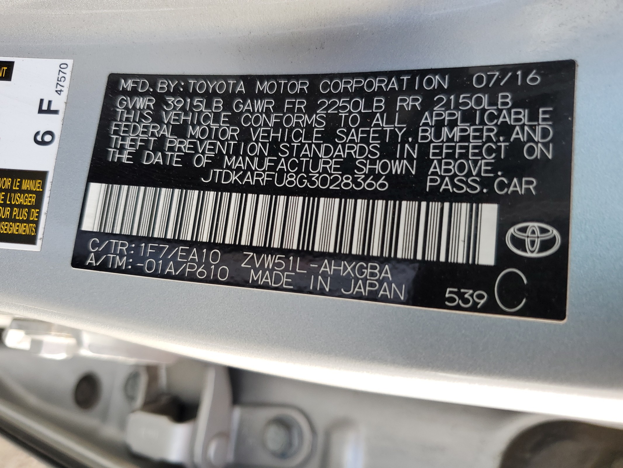 JTDKARFU8G3028366 2016 Toyota Prius