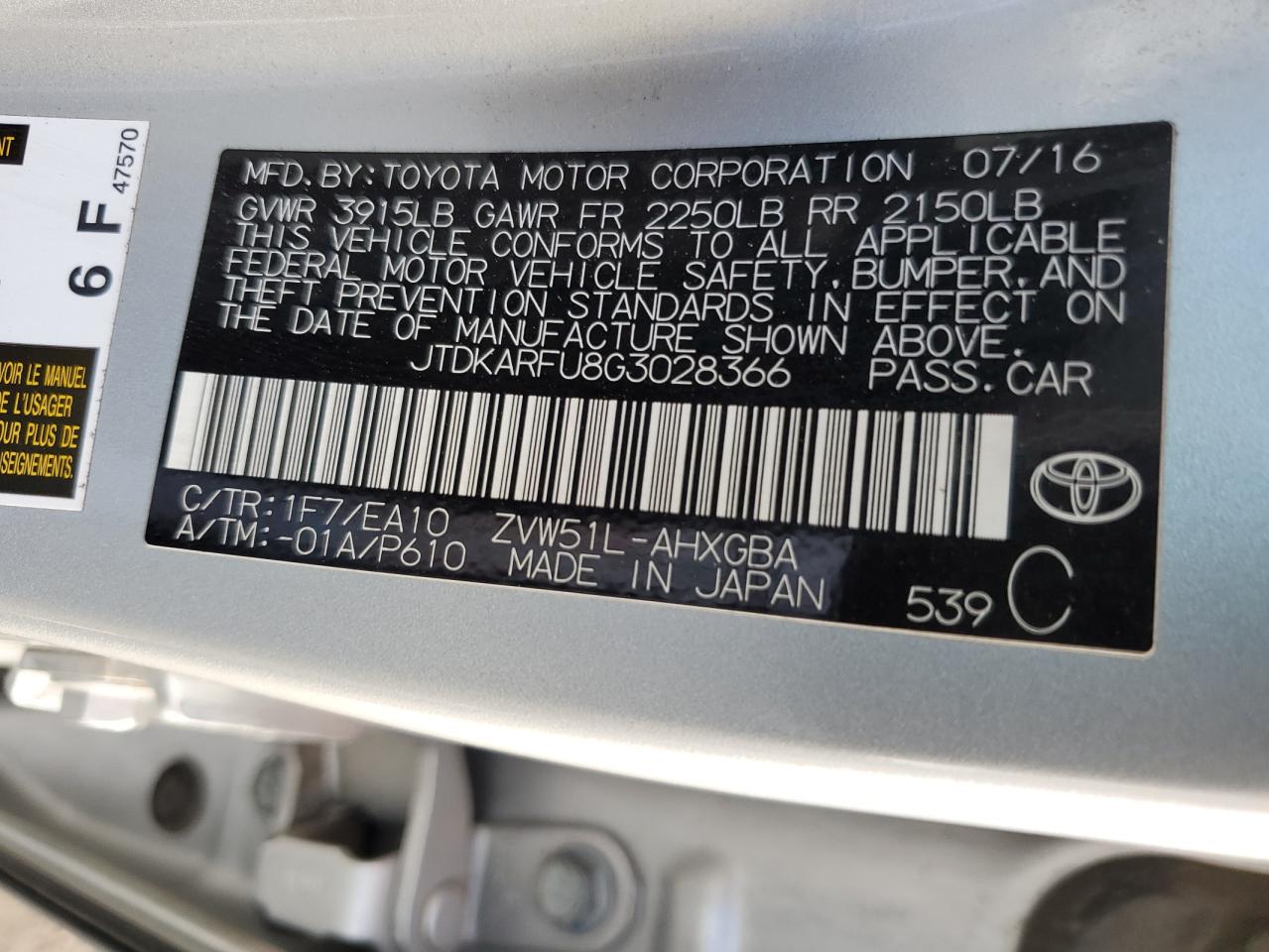 2016 Toyota Prius VIN: JTDKARFU8G3028366 Lot: 68656394