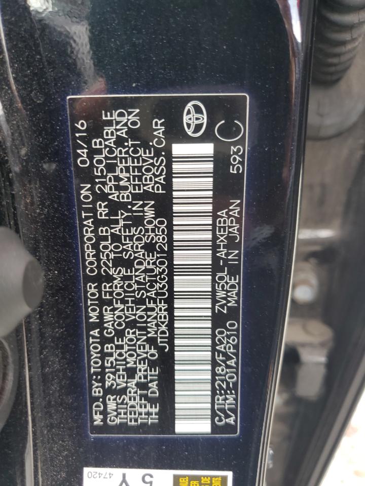 2016 Toyota Prius VIN: JTDKBRFU3G3012850 Lot: 66040074