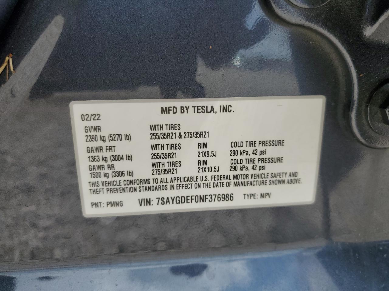 2022 Tesla Model Y VIN: 7SAYGDEF0NF376986 Lot: 66891964