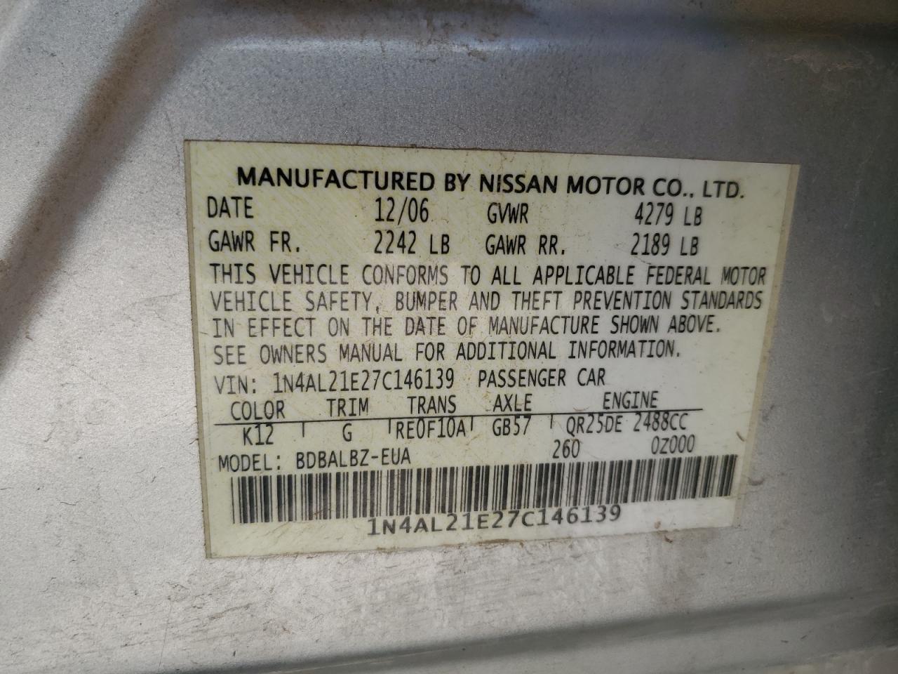 2007 Nissan Altima 2.5 VIN: 1N4AL21E27C146139 Lot: 66278105