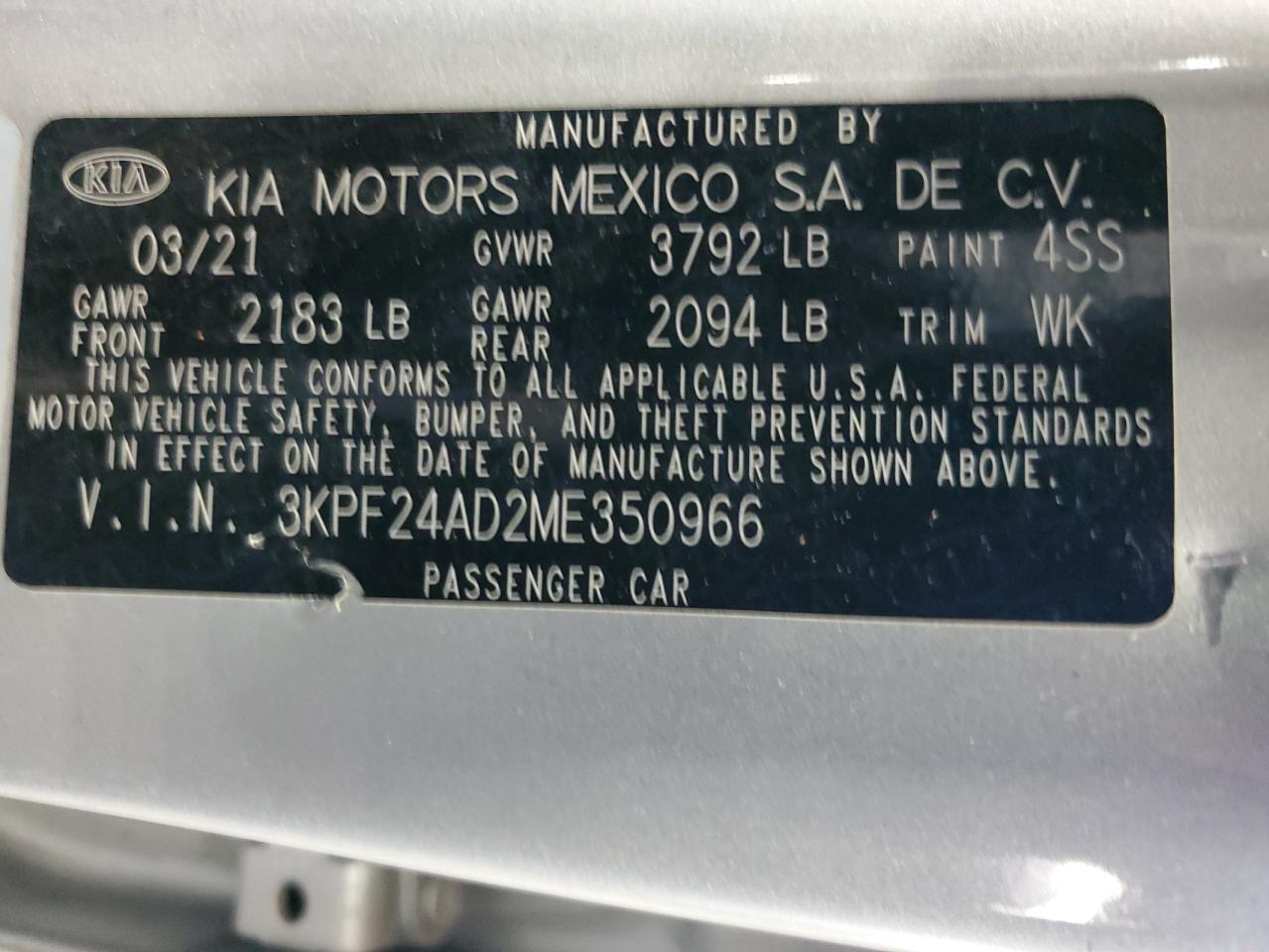 2021 Kia Forte Fe VIN: 3KPF24AD2ME350966 Lot: 65814084