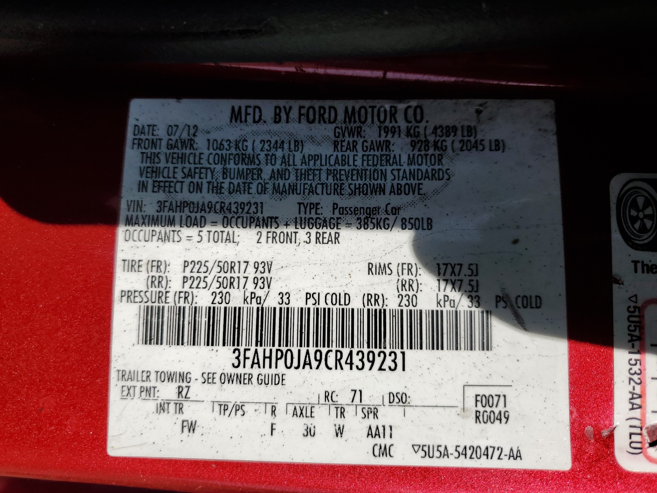 3FAHP0JA9CR439231 2012 Ford Fusion Sel