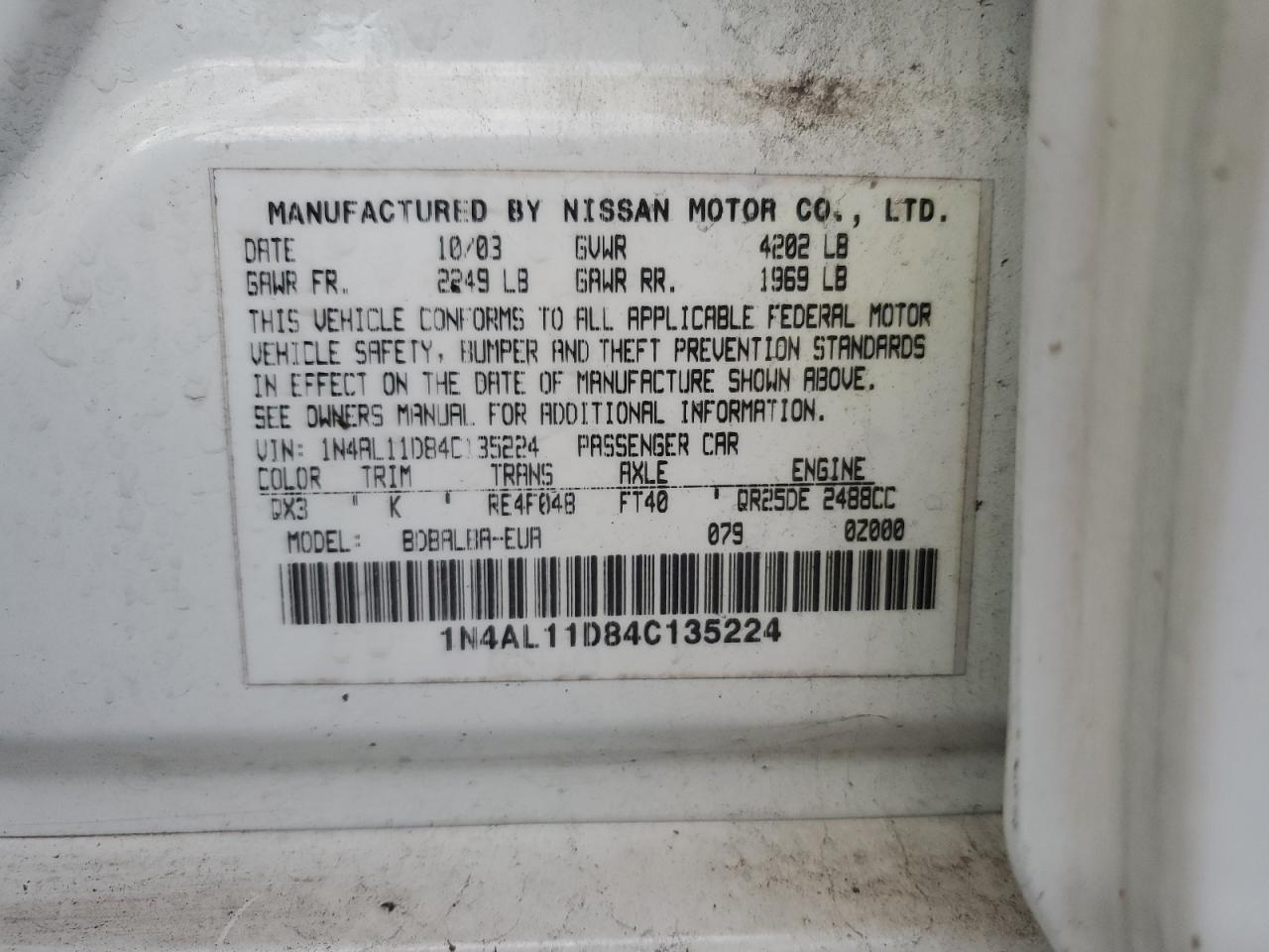 2004 Nissan Altima Base VIN: 1N4AL11D84C135224 Lot: 66299794