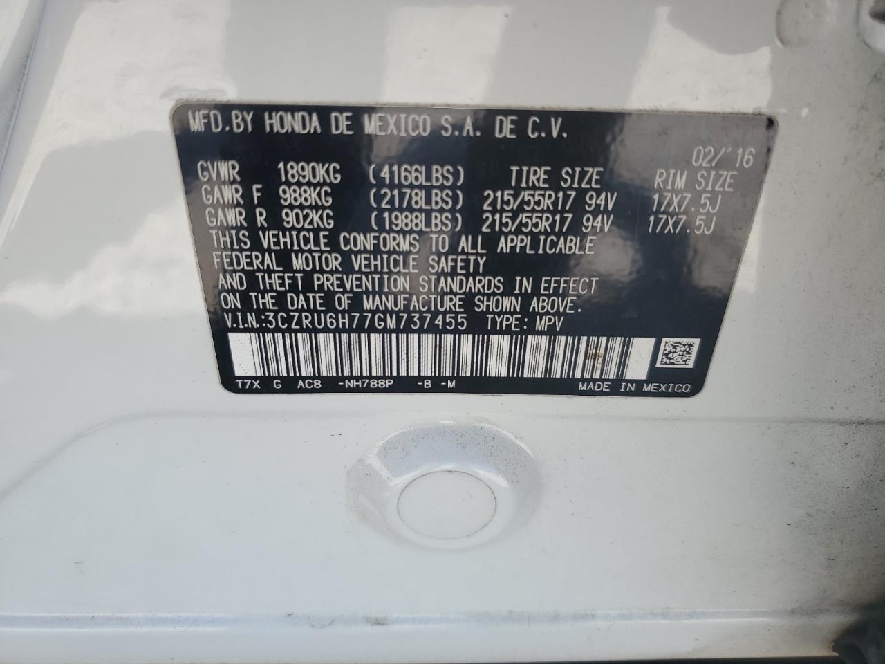 3CZRU6H77GM737455 2016 Honda Hr-V Exl