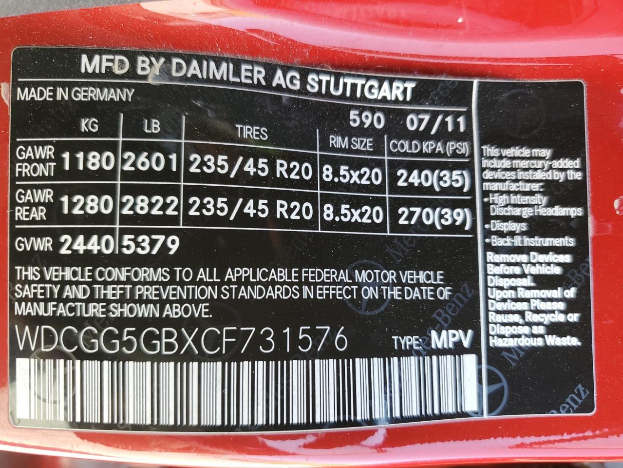 2012 Mercedes-Benz Glk 350 VIN: WDCGG5GBXCF731576 Lot: 66979454