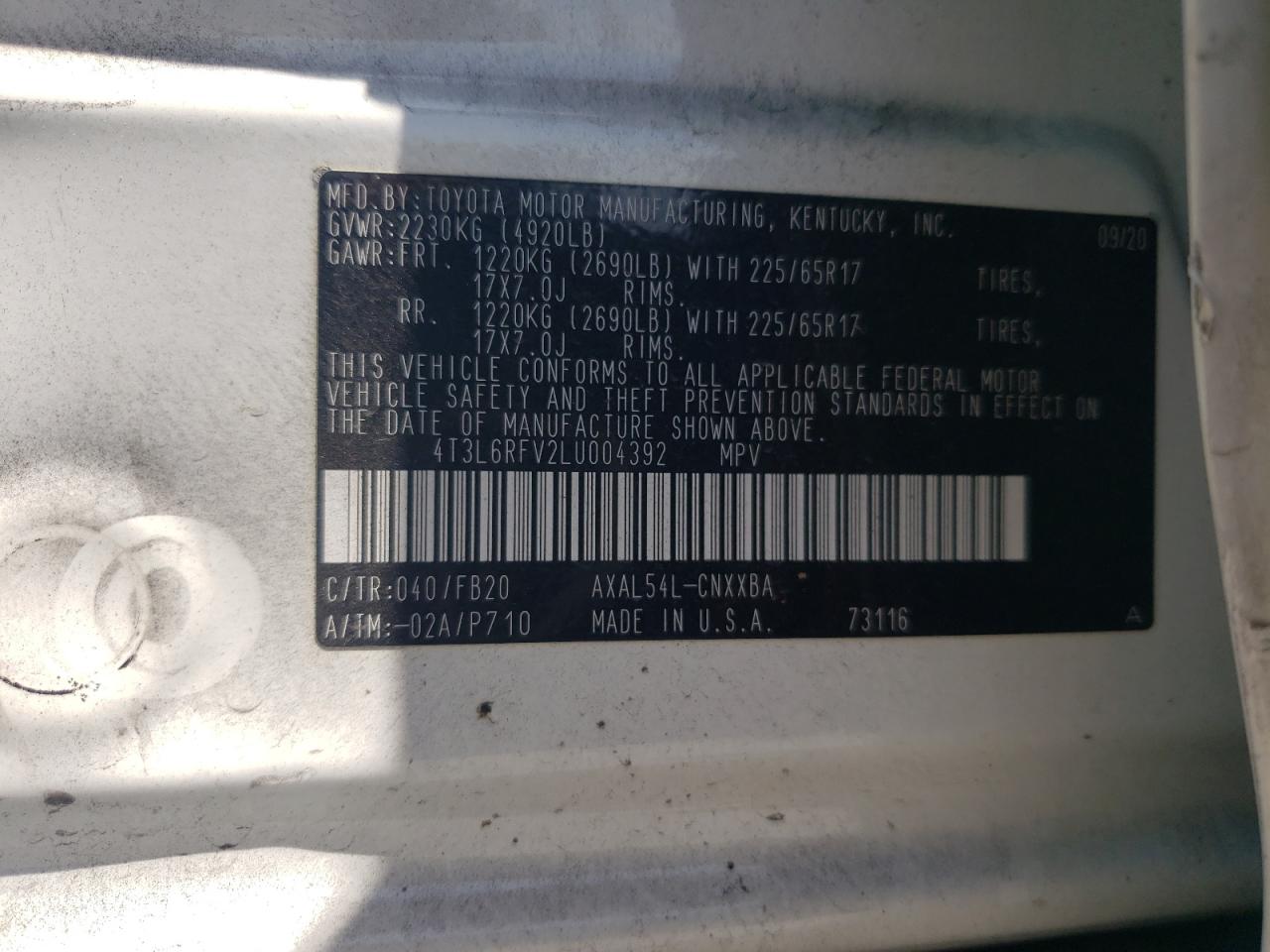 2020 Toyota Rav4 Le VIN: 4T3L6RFV2LU004392 Lot: 66228384