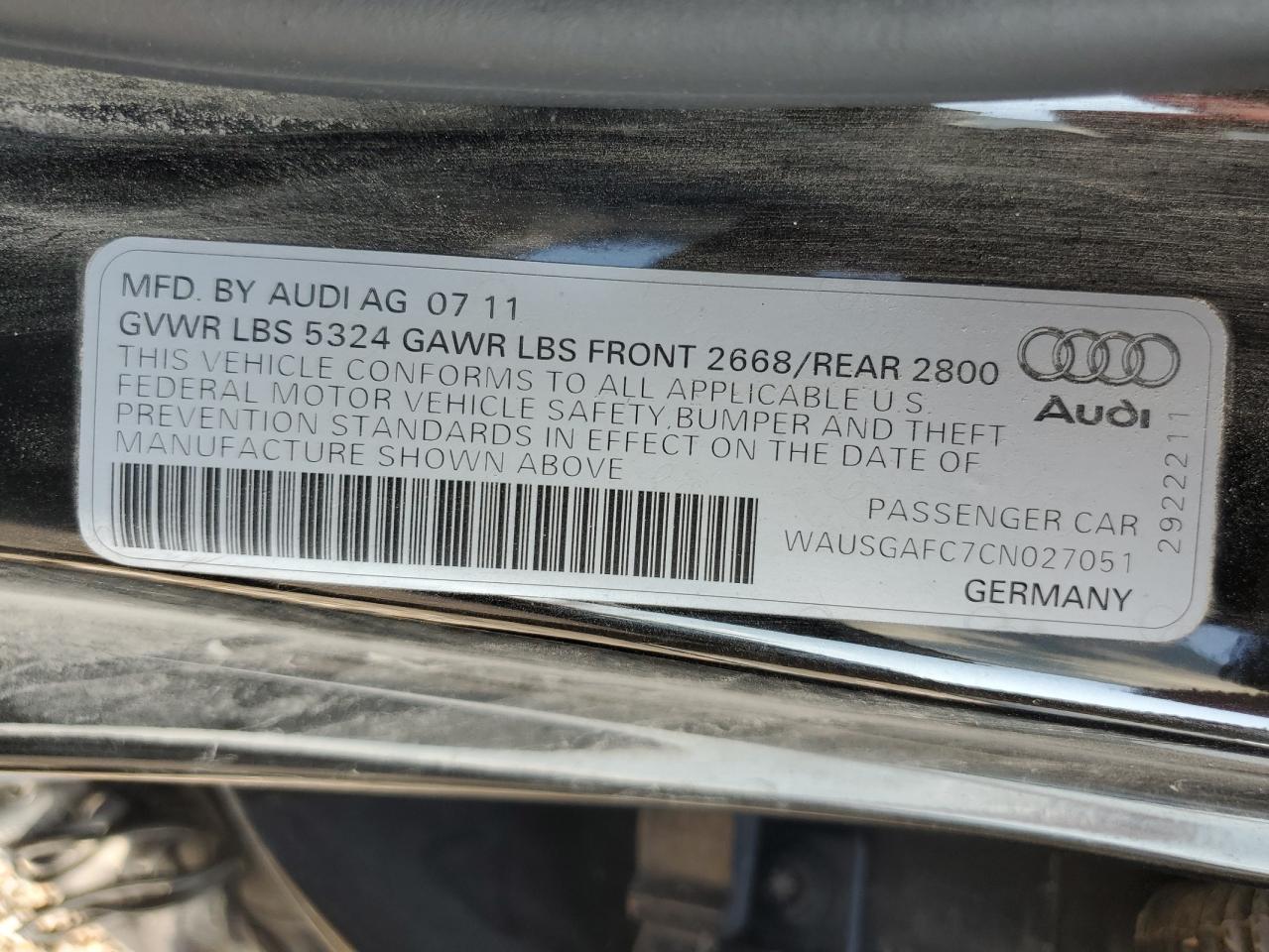 2012 Audi A7 Prestige VIN: WAUSGAFC7CN027051 Lot: 67940734