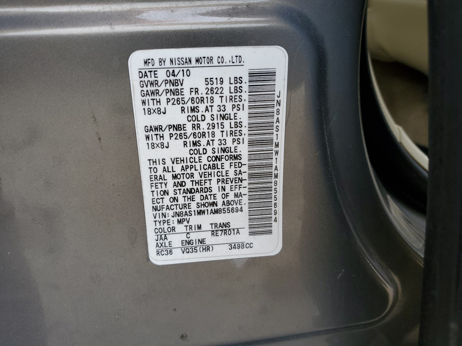 JN8AS1MW1AM855694 2010 Infiniti Fx35