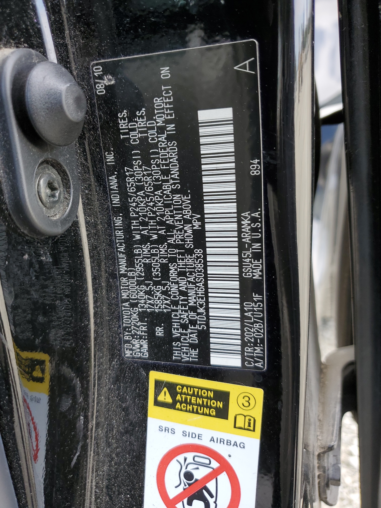 5TDJK3EH6AS038538 2010 Toyota Highlander Se