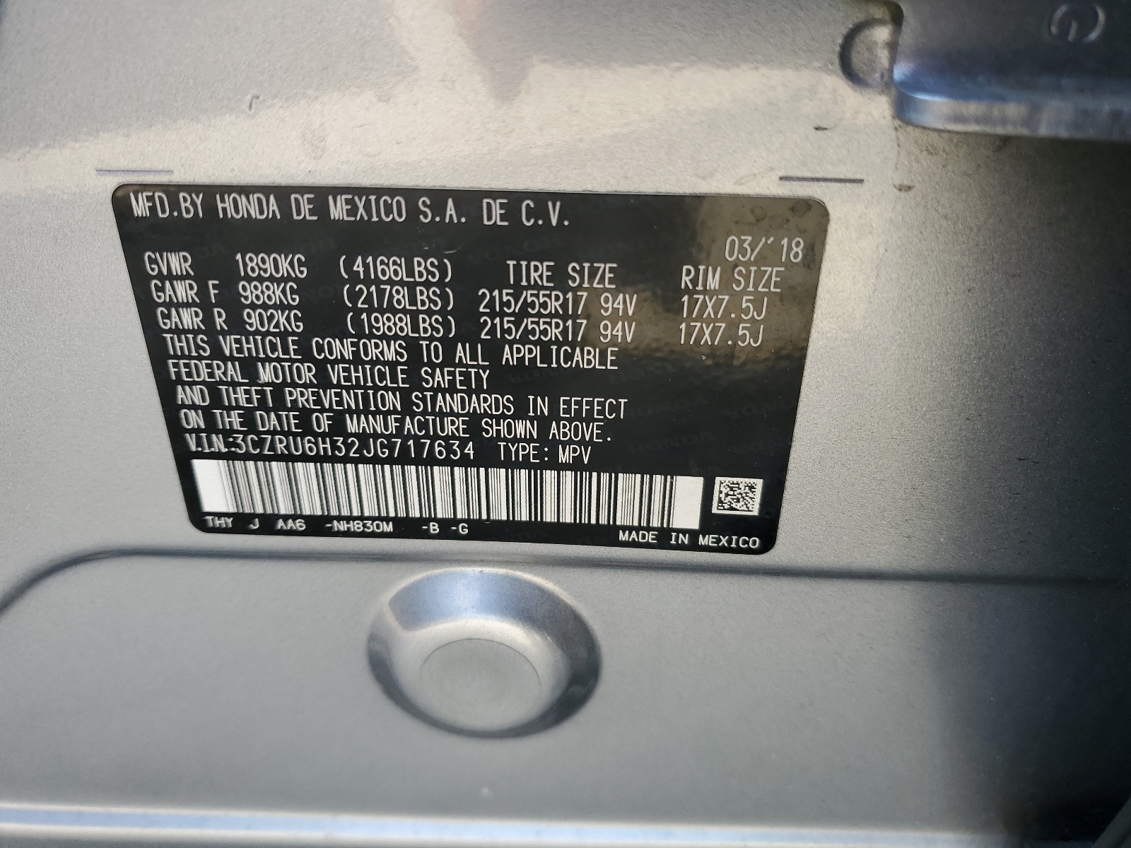 3CZRU6H32JG717634 2018 Honda Hr-V Lx