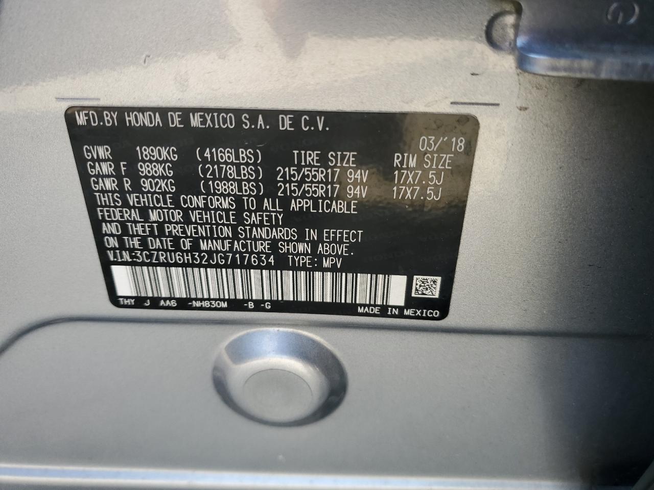 2018 Honda Hr-V Lx VIN: 3CZRU6H32JG717634 Lot: 65535424