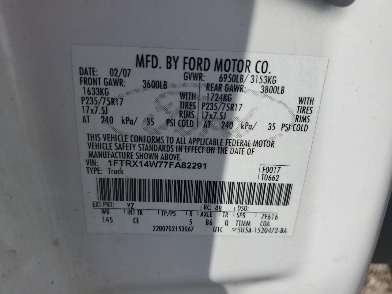 2007 Ford F150 VIN: 1FTRX14W77FA82291 Lot: 69176364