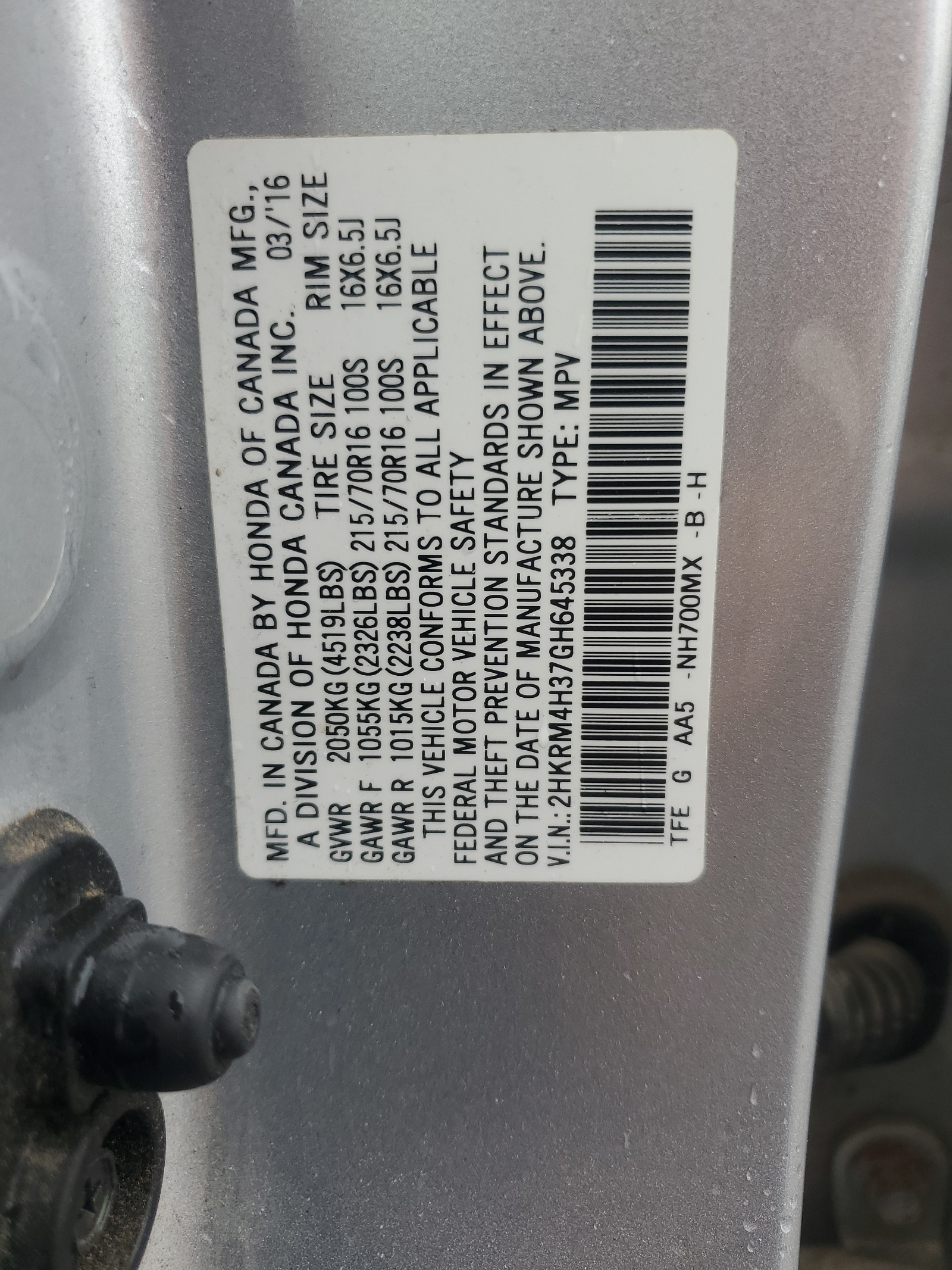 2HKRM4H37GH645338 2016 Honda Cr-V Lx