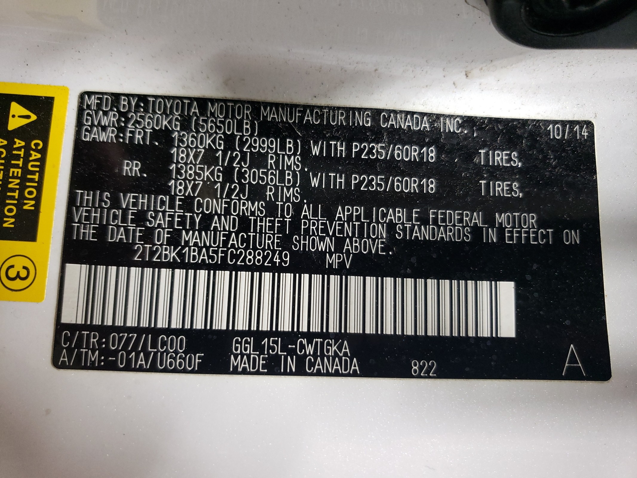 2T2BK1BA5FC288249 2015 Lexus Rx 350 Base