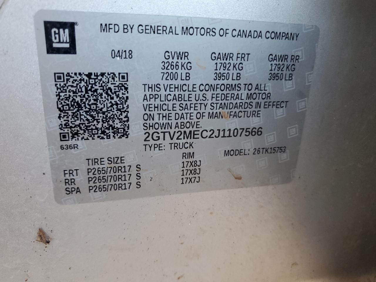 2GTV2MEC2J1107566 2018 GMC Sierra K1500 Sle