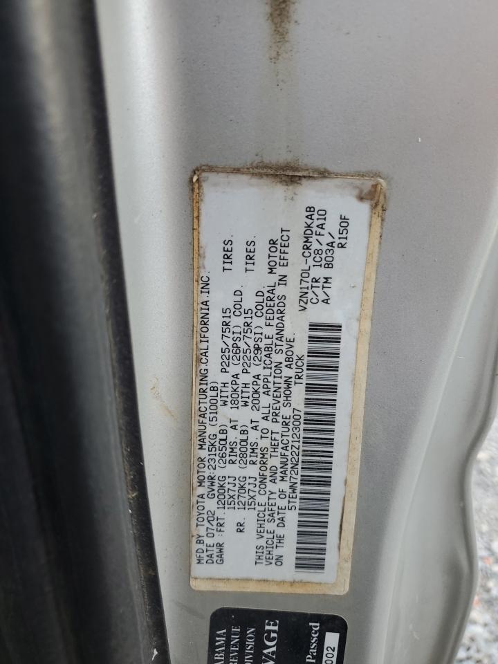 2002 Toyota Tacoma Xtracab VIN: 5TEWN72N22Z123007 Lot: 65733124
