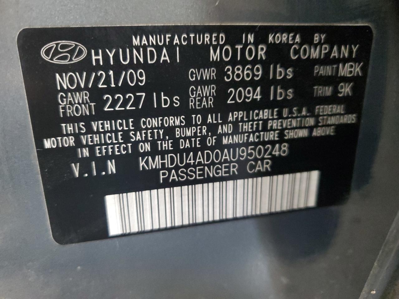 2010 Hyundai Elantra Blue VIN: KMHDU4AD0AU950248 Lot: 65959274