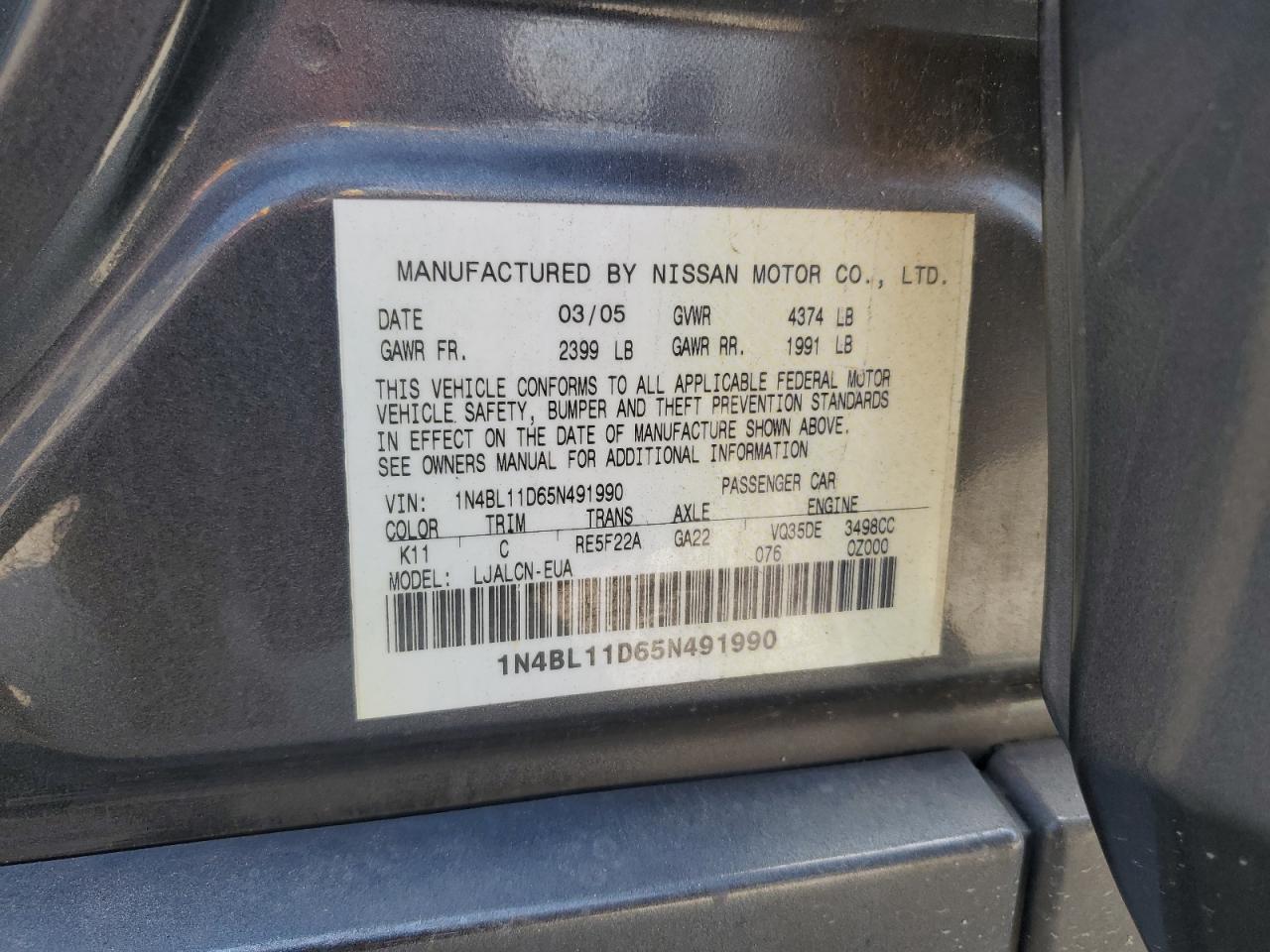 1N4BL11D65N491990 2005 Nissan Altima Se