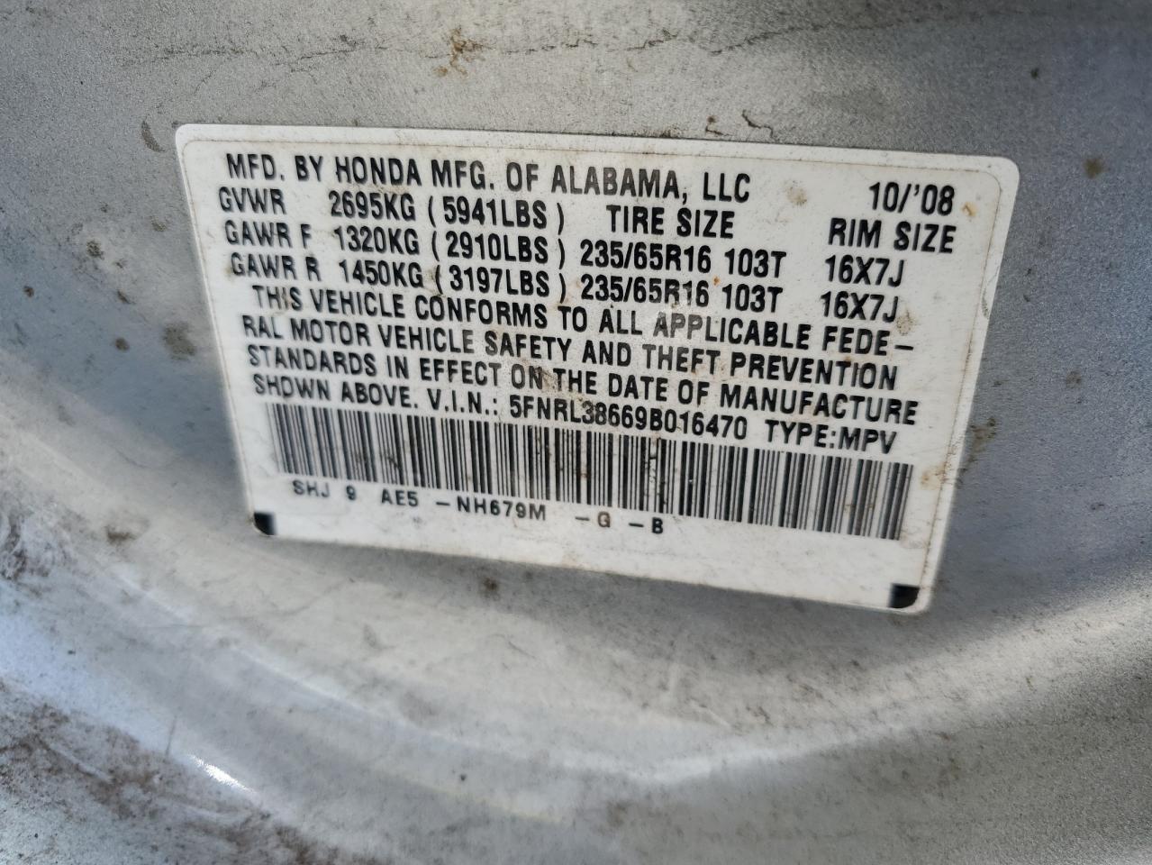 2009 Honda Odyssey Exl VIN: 5FNRL38669B016470 Lot: 68005774