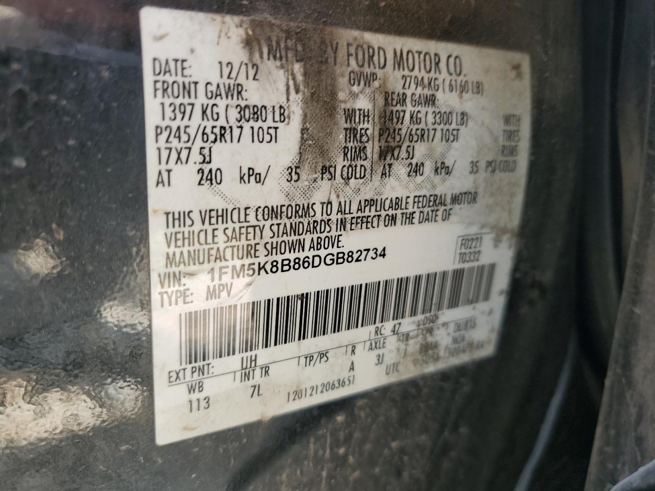 2013 Ford Explorer VIN: 1FM5K8B86DGB82734 Lot: 67667514