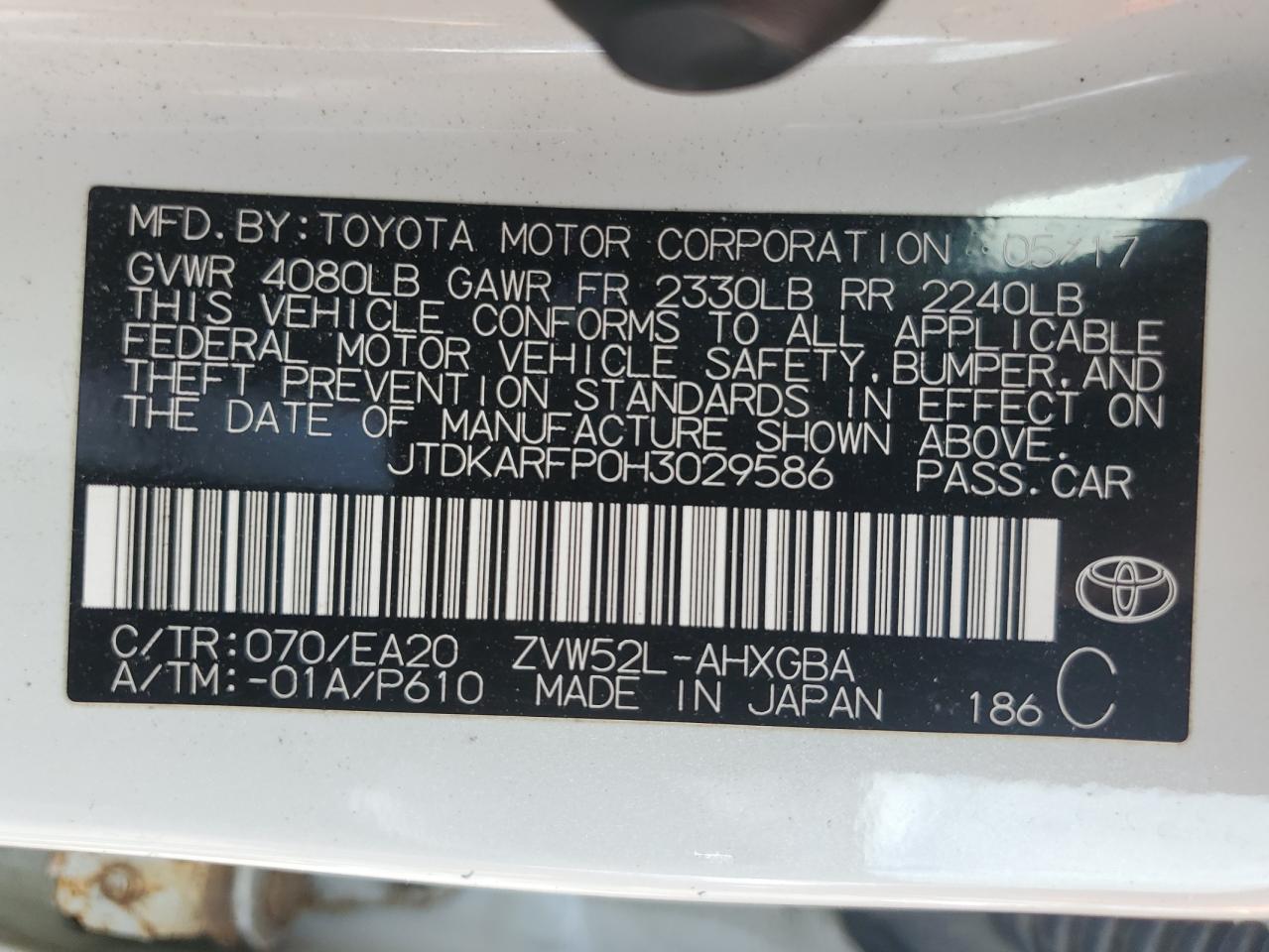 2017 Toyota Prius Prime VIN: JTDKARFP0H3029586 Lot: 68485544