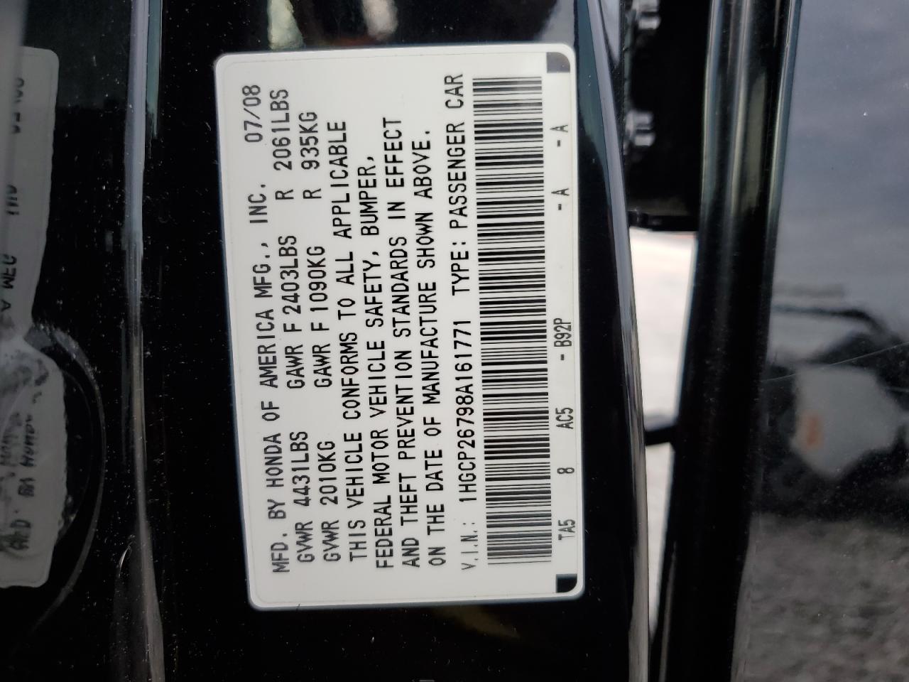 1HGCP26798A161771 2008 Honda Accord Ex