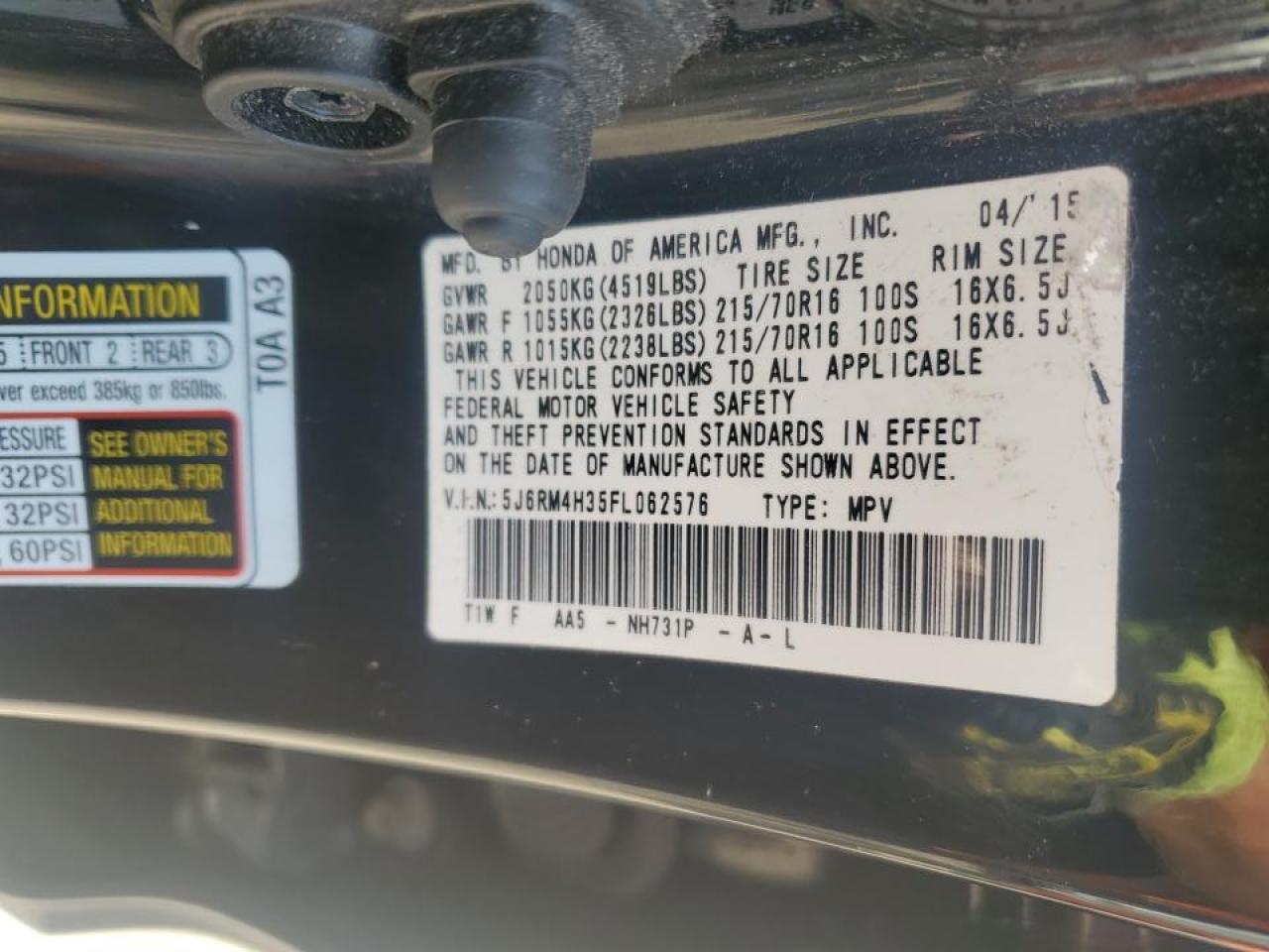 2015 Honda Cr-V Lx VIN: 5J6RM4H35FL062576 Lot: 69013194