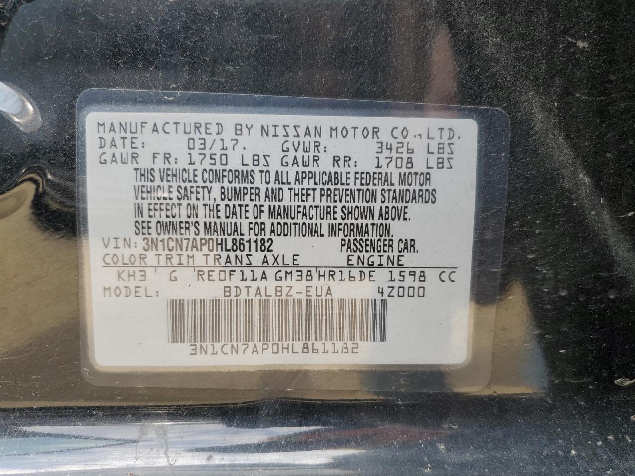 3N1CN7AP0HL861182 2017 Nissan Versa S