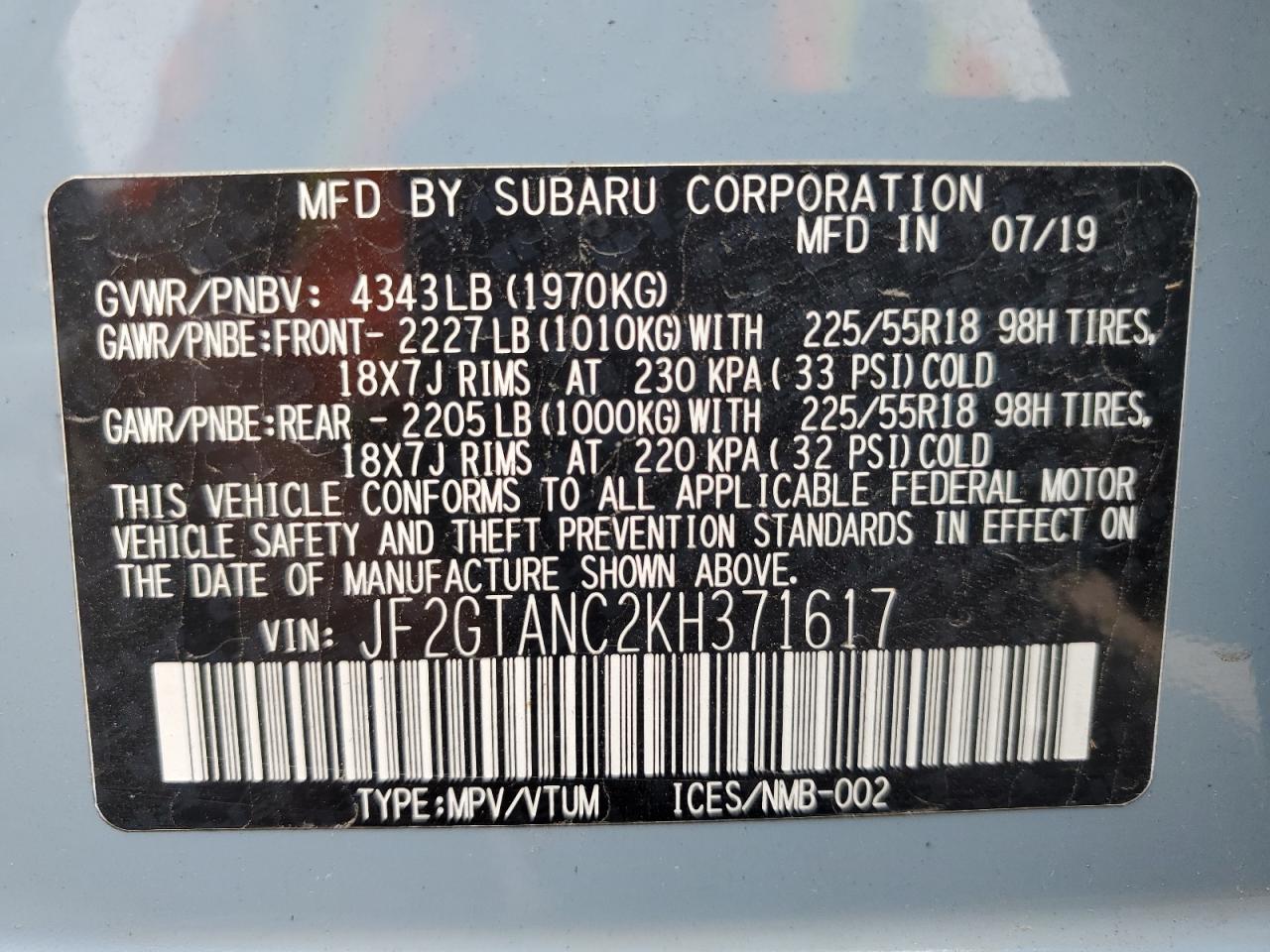 JF2GTANC2KH371617 2019 Subaru Crosstrek Limited