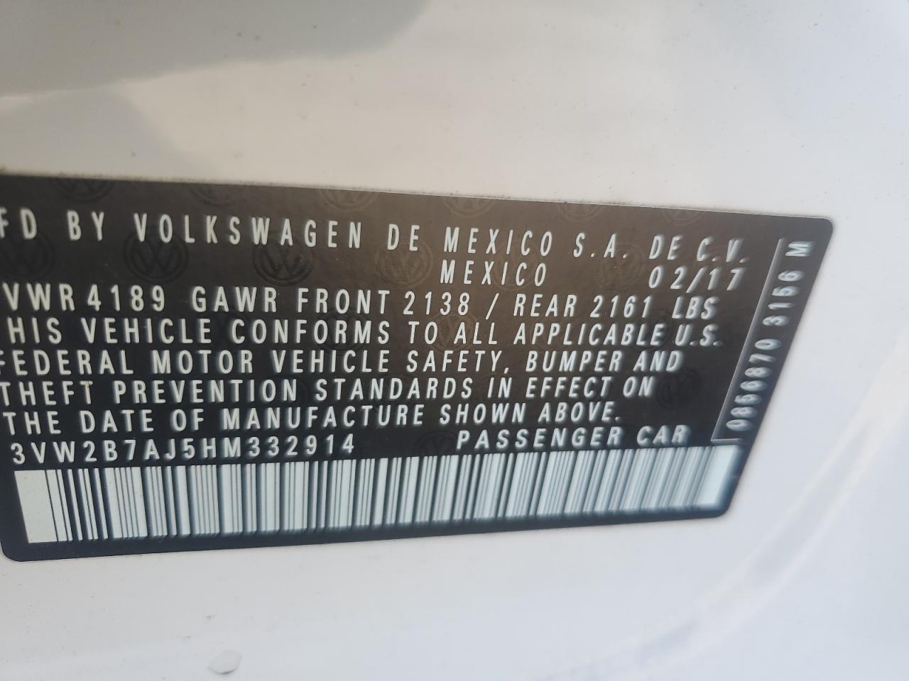 3VW2B7AJ5HM332914 2017 Volkswagen Jetta S