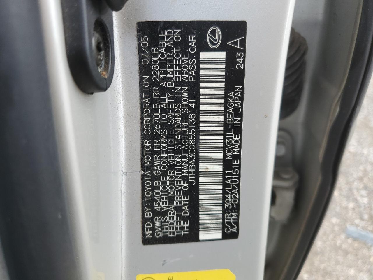 2005 Lexus Es 330 VIN: JTHBA30G855138141 Lot: 66178184