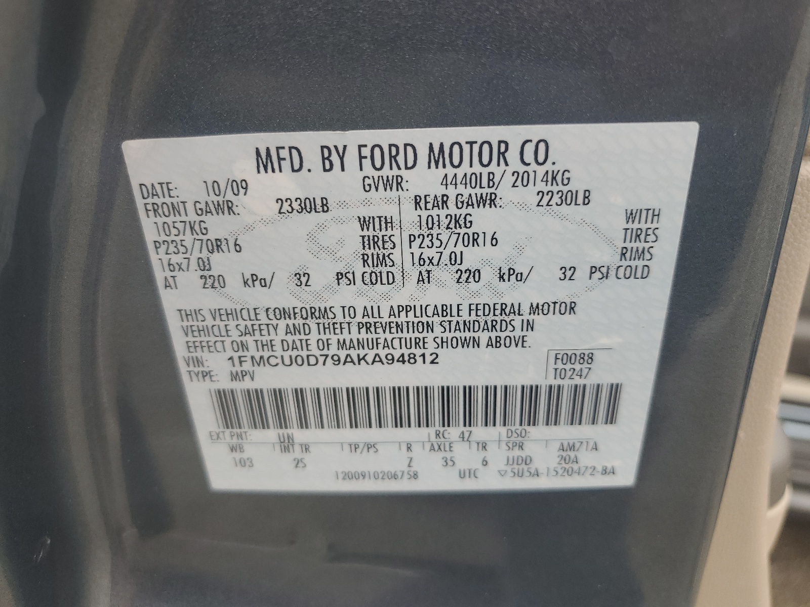 1FMCU0D79AKA94812 2010 Ford Escape Xlt