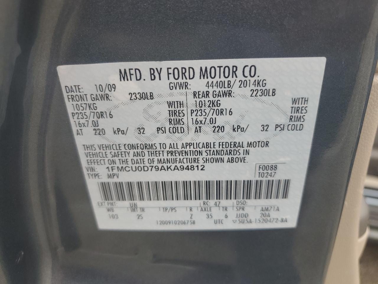 2010 Ford Escape Xlt VIN: 1FMCU0D79AKA94812 Lot: 65755184