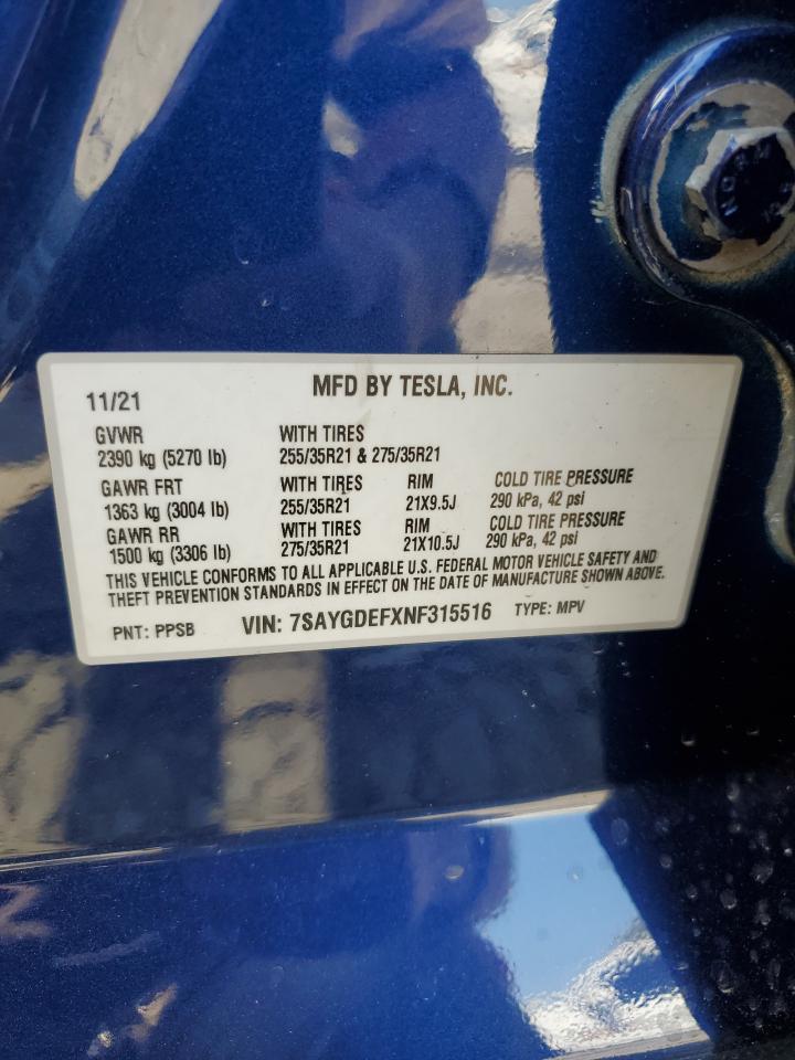 7SAYGDEFXNF315516 2022 Tesla Model Y