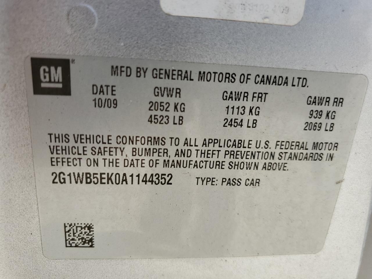 2010 Chevrolet Impala Lt VIN: 2G1WB5EK0A1144352 Lot: 66584004