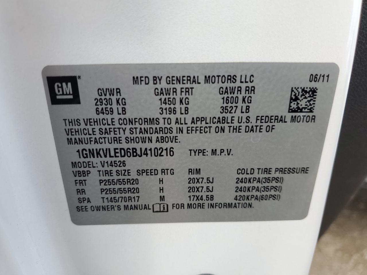 2011 Chevrolet Traverse Ltz VIN: 1GNKVLED6BJ410216 Lot: 68025784