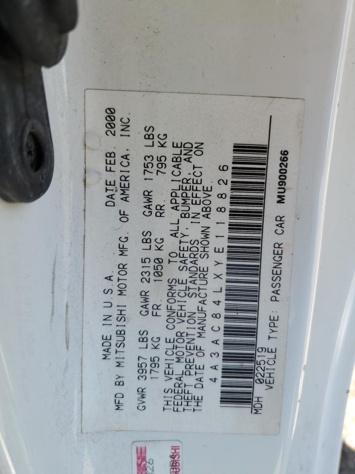 2000 Mitsubishi Eclipse Gt VIN: 4A3AC84LXYE118826 Lot: 88843835