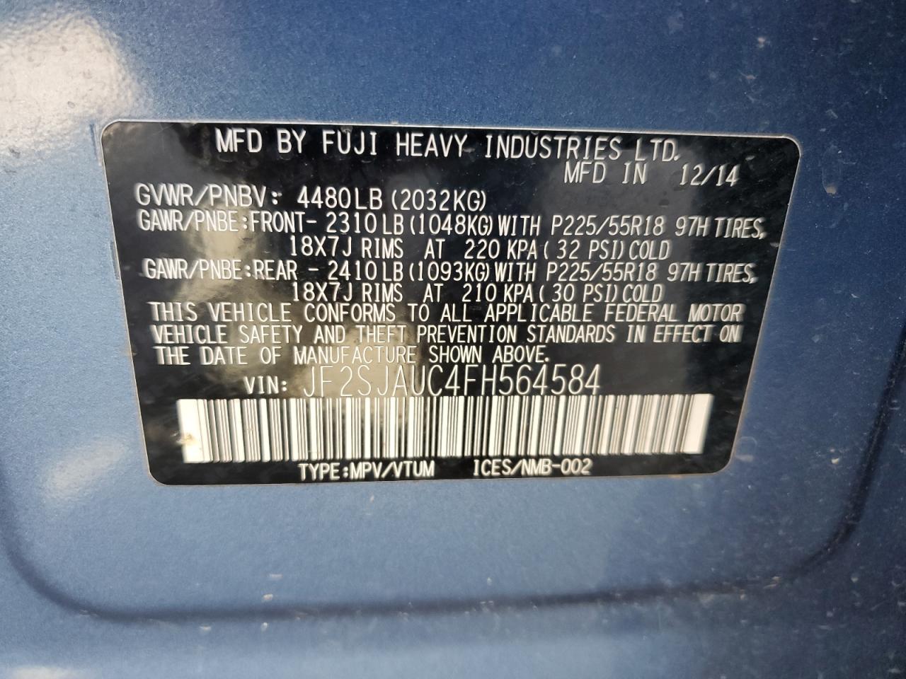 JF2SJAUC4FH564584 2015 Subaru Forester 2.5I Touring