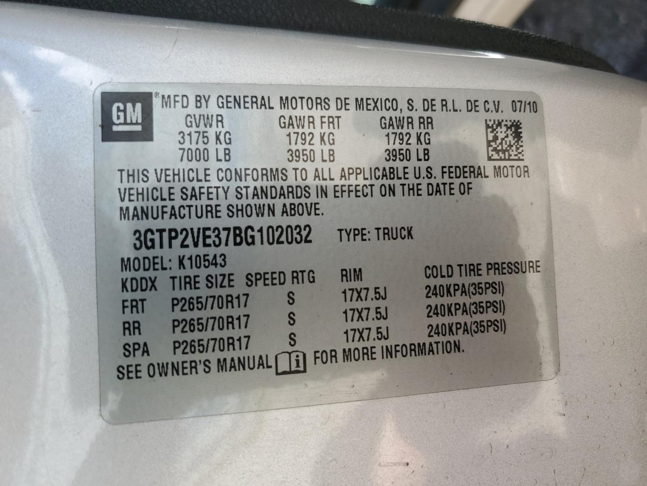 3GTP2VE37BG102032 2011 GMC Sierra K1500 Sle