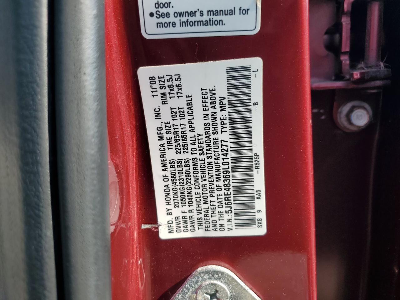 2009 Honda Cr-V Lx VIN: 5J6RE48369L014277 Lot: 66194414