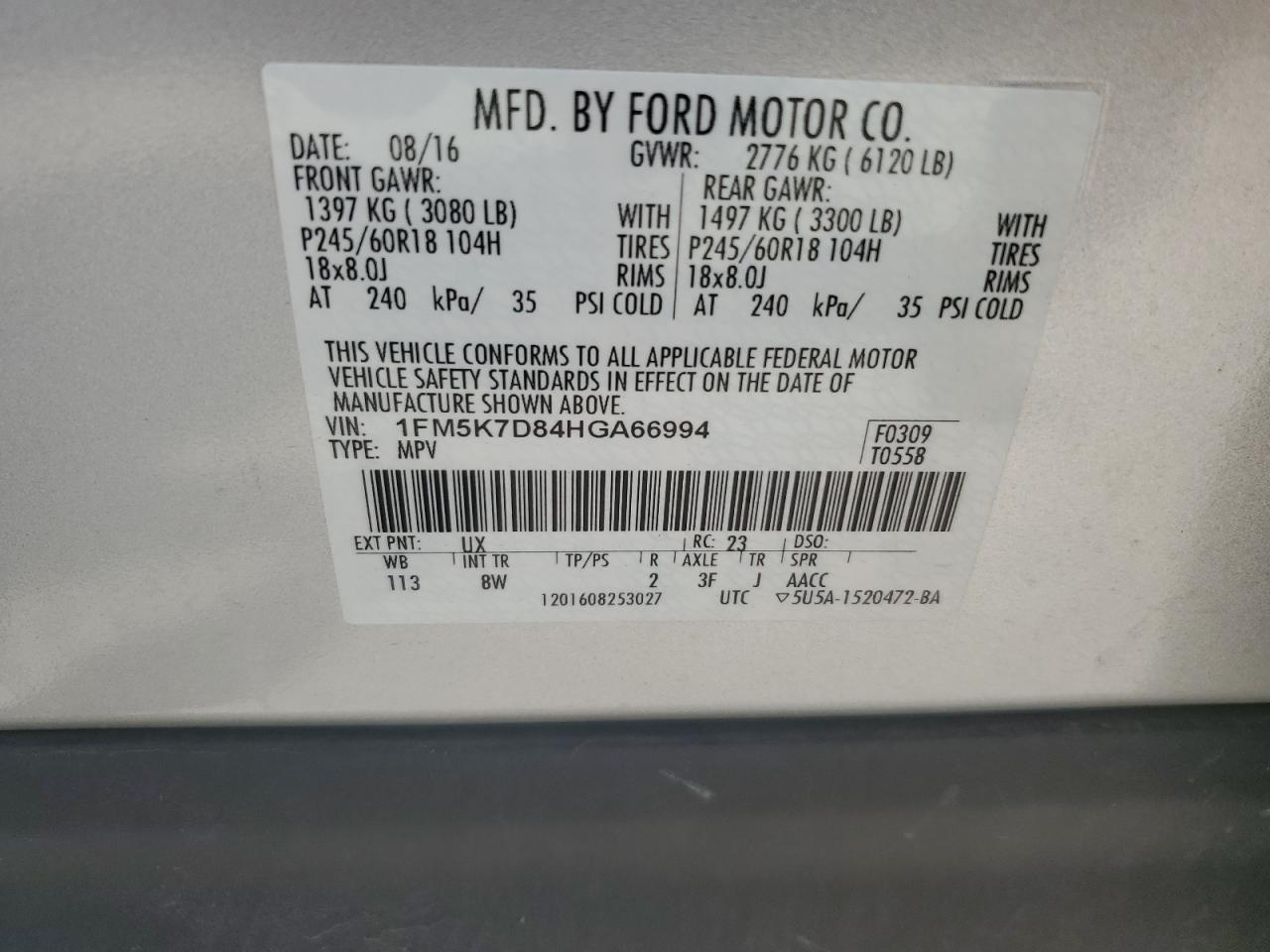 1FM5K7D84HGA66994 2017 Ford Explorer Xlt