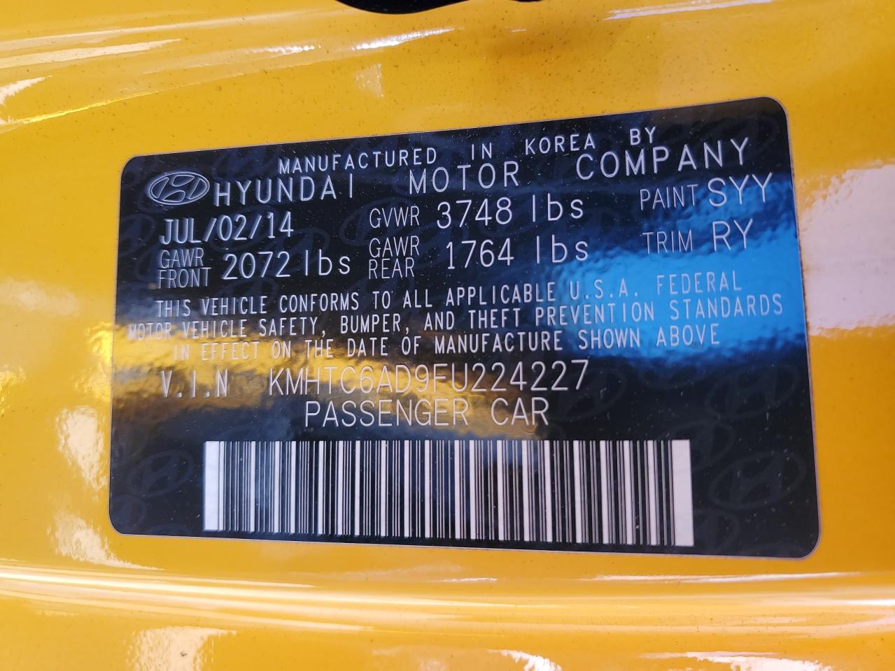 2015 Hyundai Veloster VIN: KMHTC6AD9FU224227 Lot: 67112454