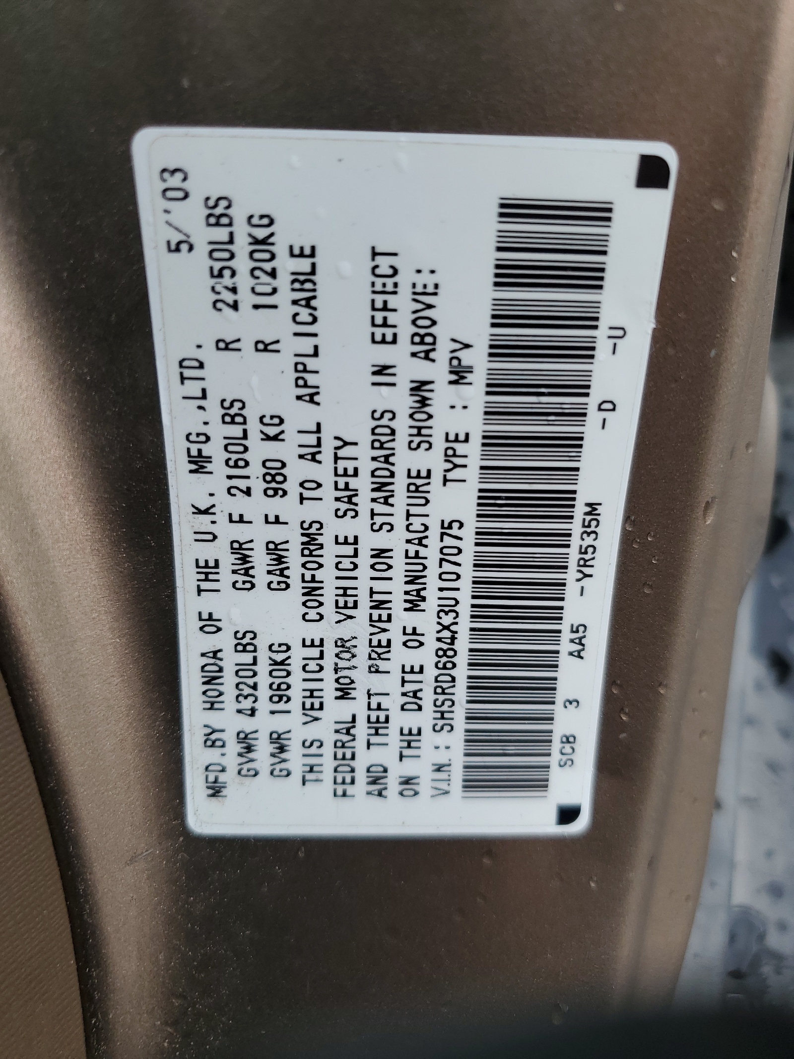 SHSRD684X3U107075 2003 Honda Cr-V Lx