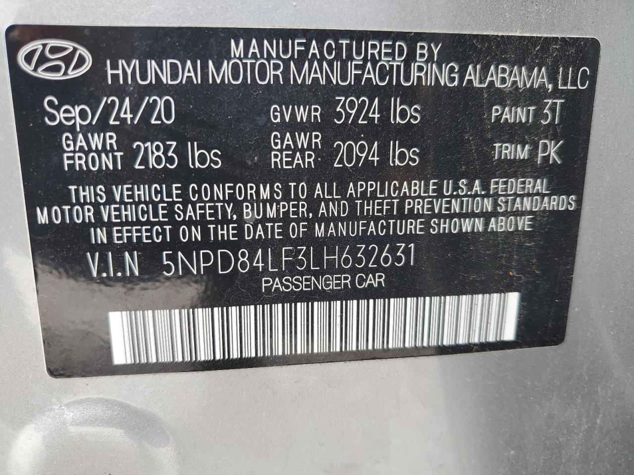 2020 Hyundai Elantra Sel VIN: 5NPD84LF3LH632631 Lot: 68920554