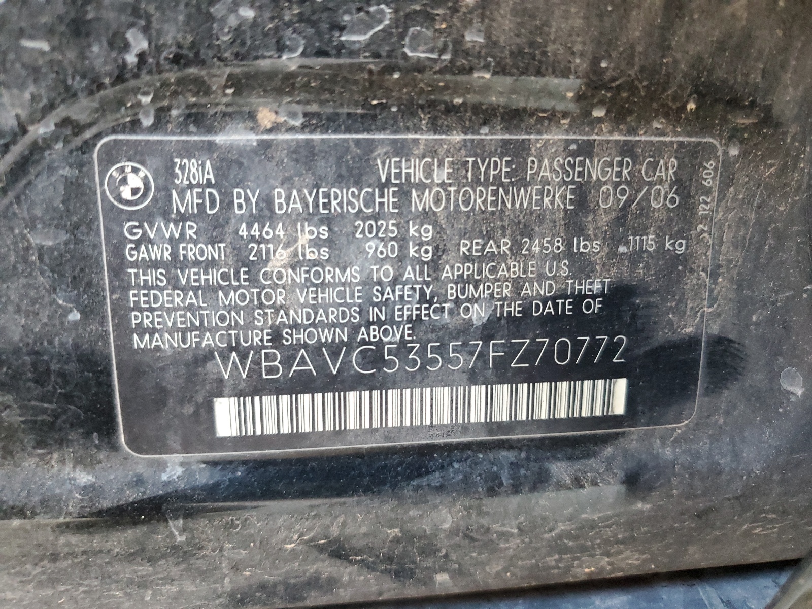 WBAVC53557FZ70772 2007 BMW 328 I Sulev