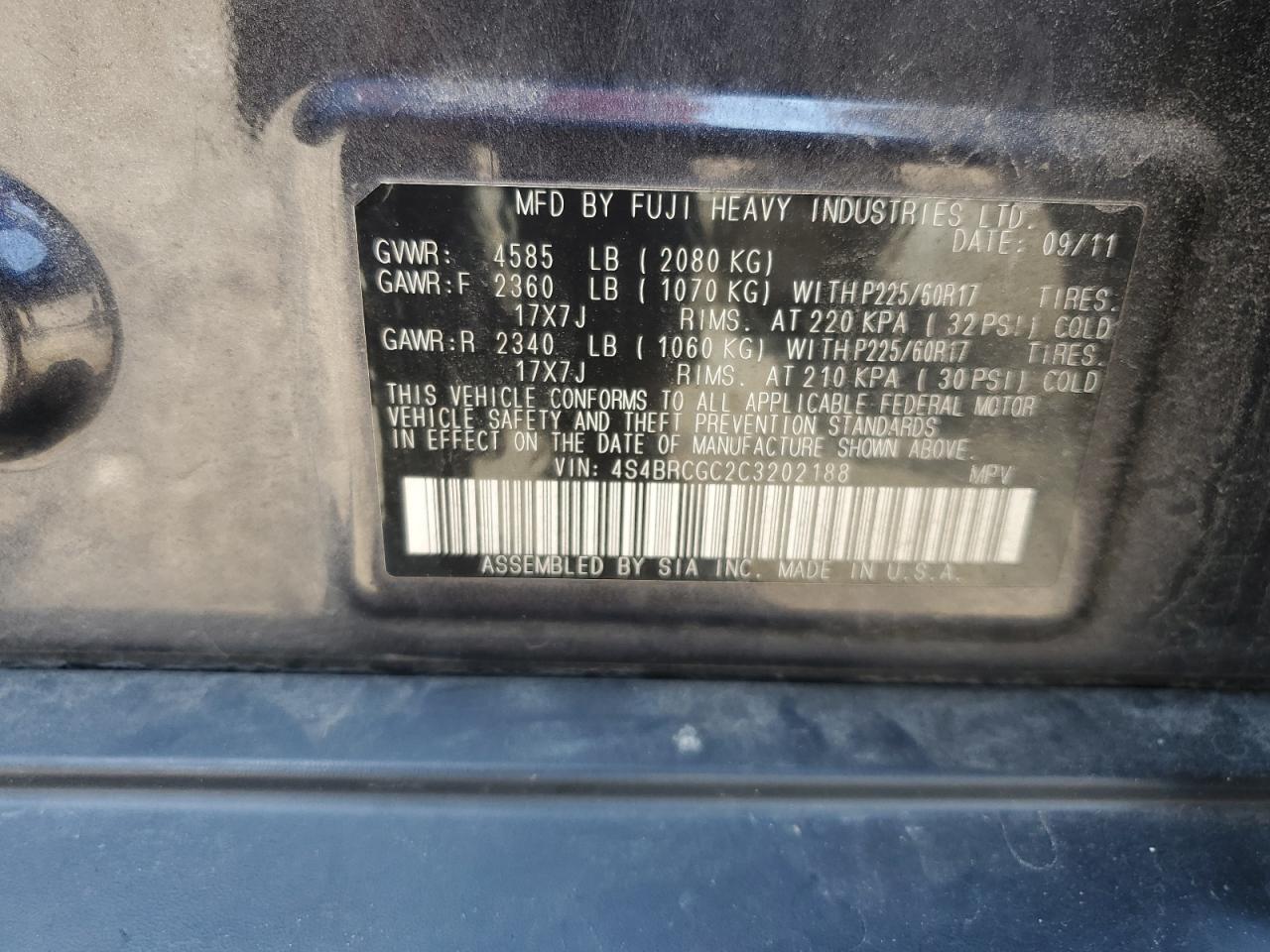 2012 Subaru Outback 2.5I Premium VIN: 4S4BRCGC2C3202188 Lot: 67027874