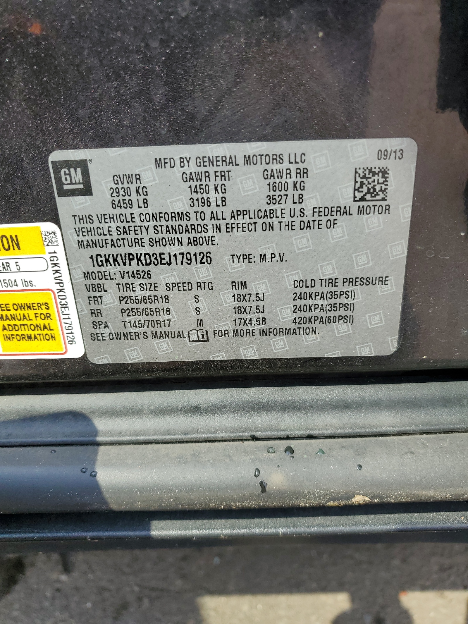 1GKKVPKD3EJ179126 2014 GMC Acadia Sle