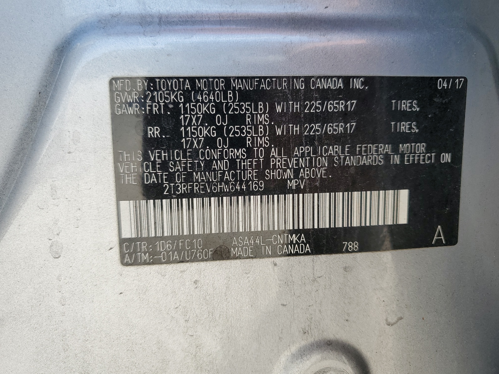 2T3RFREV6HW644169 2017 Toyota Rav4 Xle